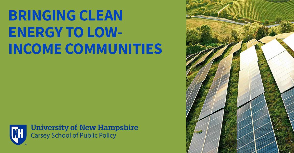 A graphic for the bringing clean energy to low-income communities event showing a solar array on the right side
