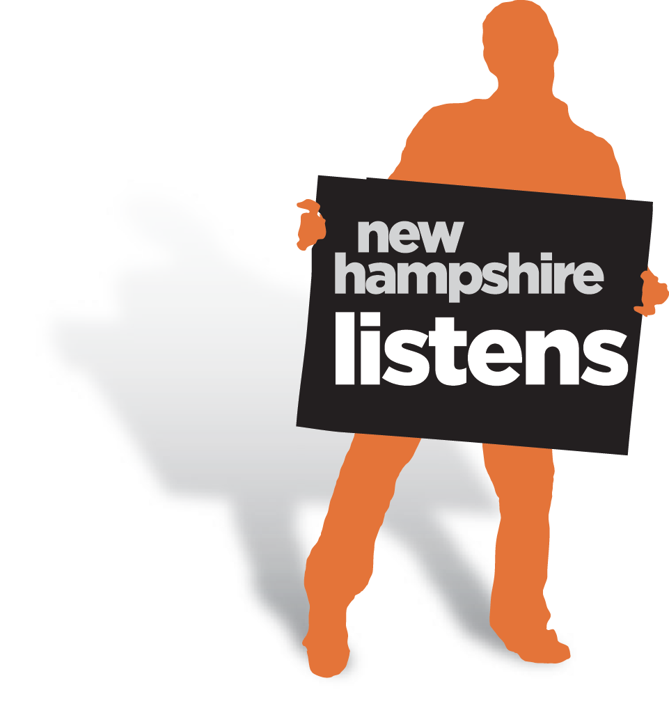 The NH Listens logo, showing a man holding a sign that reads "New Hampshire Listens"