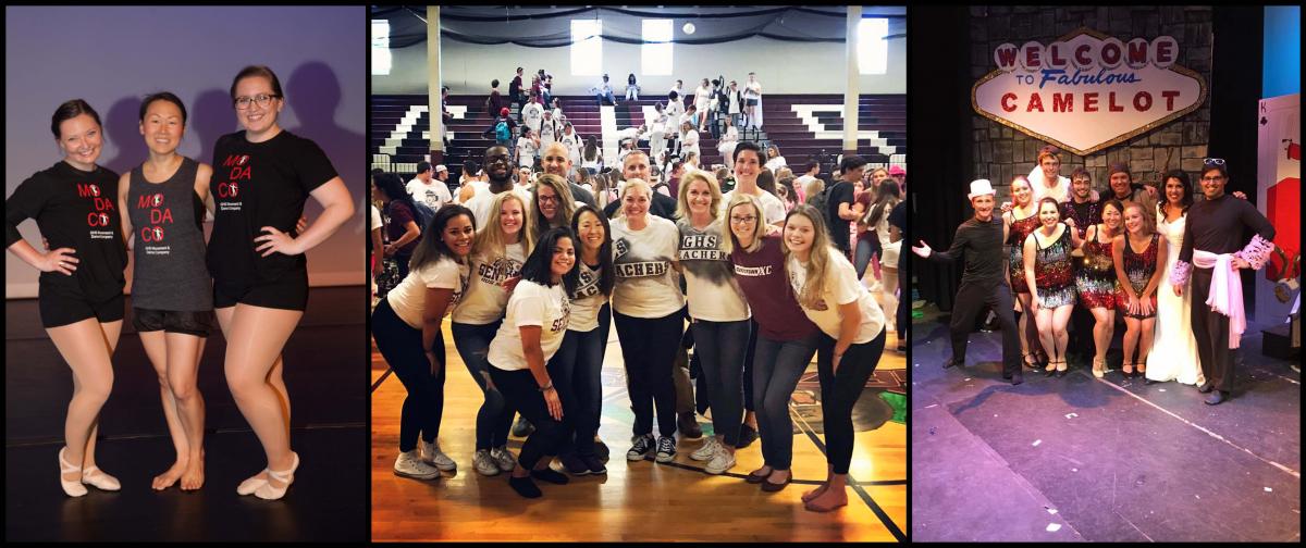 Three photos of NH Listens Fellow of the Month Tina Philibotte. From left, her with members of the Goffstown HS Movement & Dance Company, her with students at GHS, and her with members of the production of Camelot
