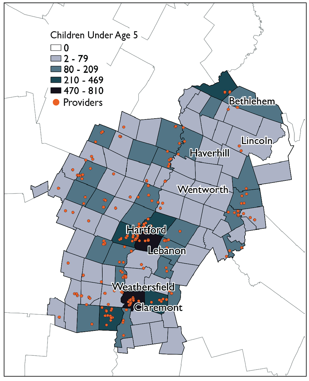 Figure 2. Regional map of Upper Valley child care providers and distribution of children under age 5. 