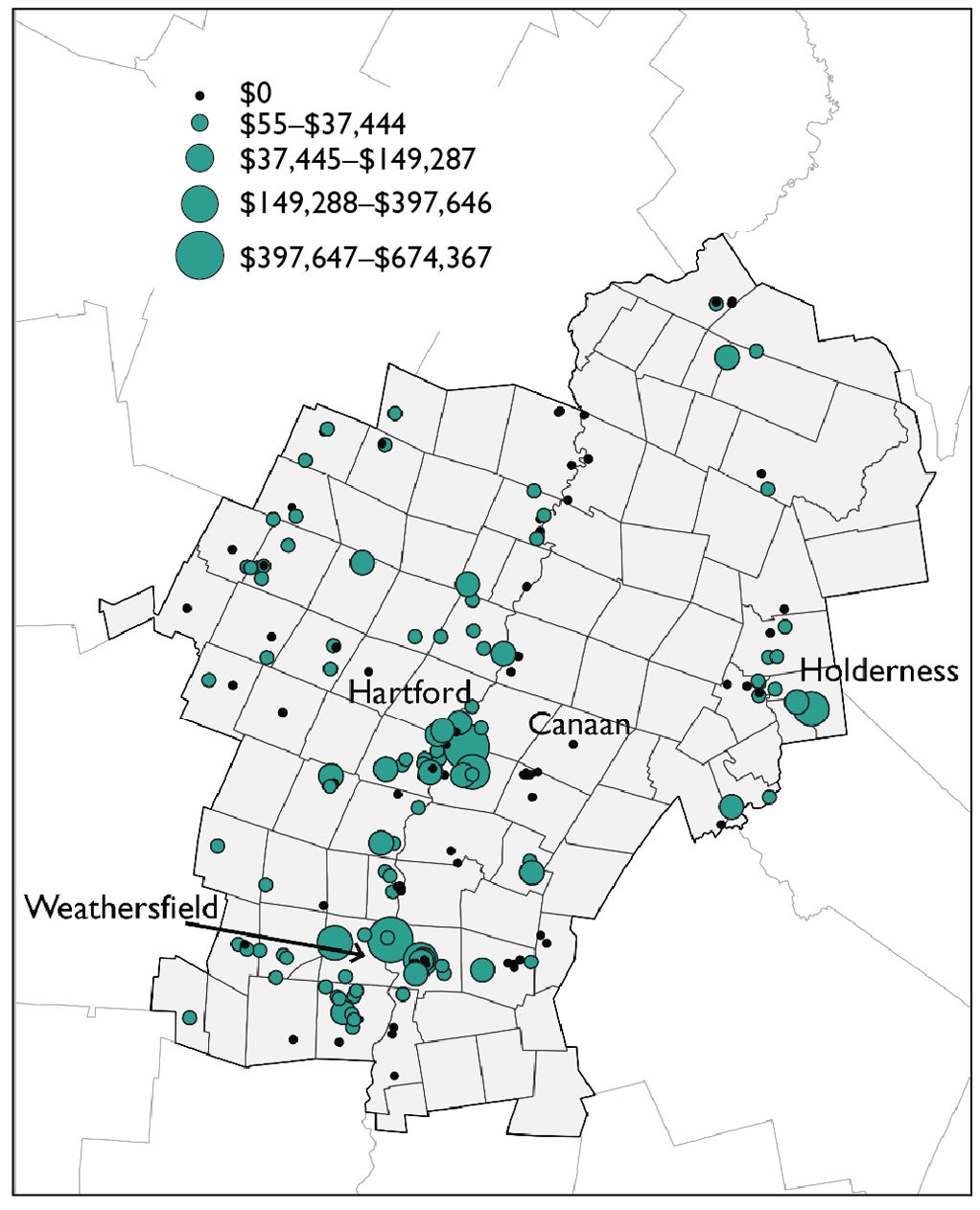 Figure 3. Regional map of child care providers by amount of CARES Act funding received. Awards ranged from $55 to $674,367. Larger awards clustered around Hartford, Lebanon, Claremont, Weathersfield, and Holderness. 